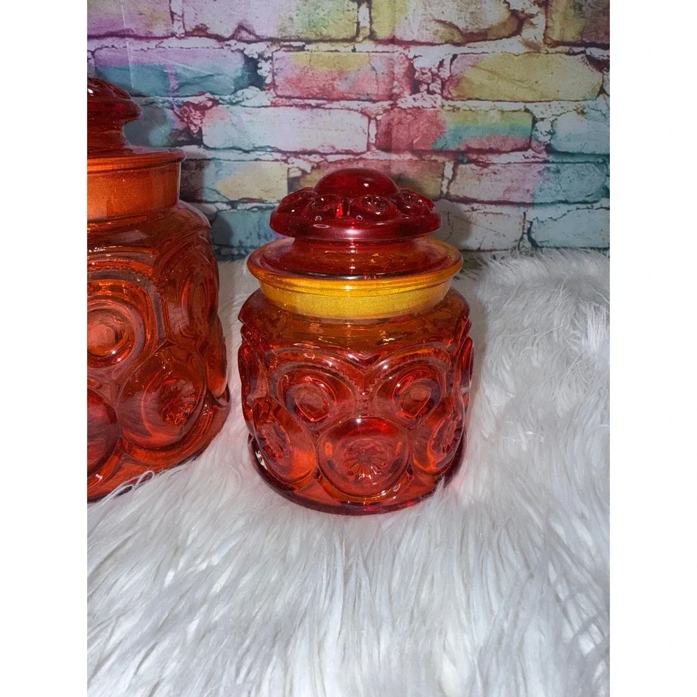 Vintage LE Smith Moon and Star Amberina Red UV Reactive Glass Canister Set 4pc